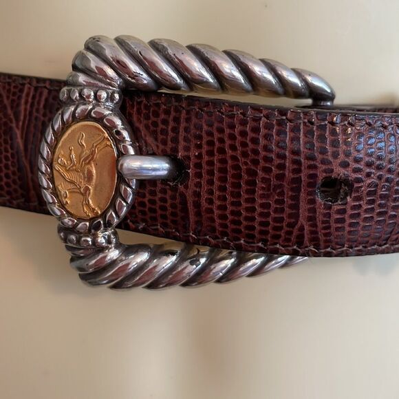 Vtg 1996 Brighton brown snakeskin look belt with silver/gold coin buckle - Picture 2 of 11